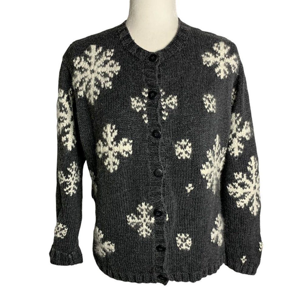 Vintage Eddie Bauer Cardigan Sweater S Grey Angora Blend Button Up Snowflakes